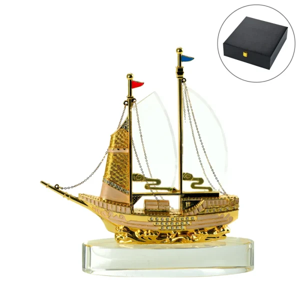 Golden Boat Shaped Memento in Metal with Glass Base