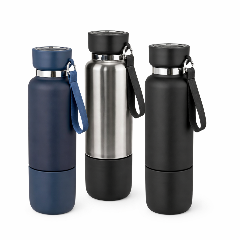 Double wall stainless steel bottle with detachable base cup and lanyard. 500 ml
